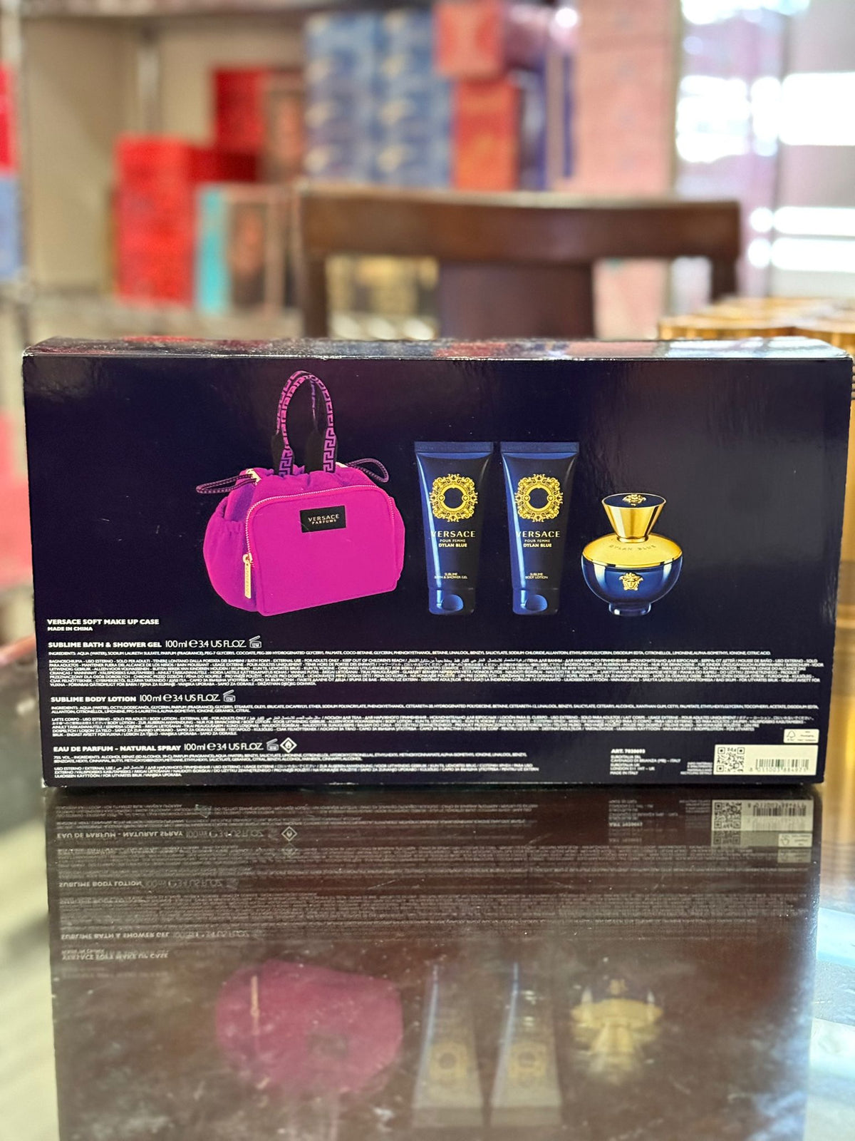 Dylan Blue by Versace for women – 4-piece gift set – 3.4 ounce EDP spray, 3.4 ounce Sublime body lotion, sublime bath and shower gel, makeup case