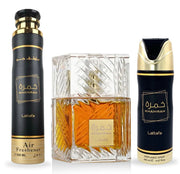 KHAMRAH GIFT SET EDP - 100ML, PERFUMED SPRAY 200ML, AIR FRESHENER 300ML | GIFT SET BY LATTAFA - Crist Fragances
